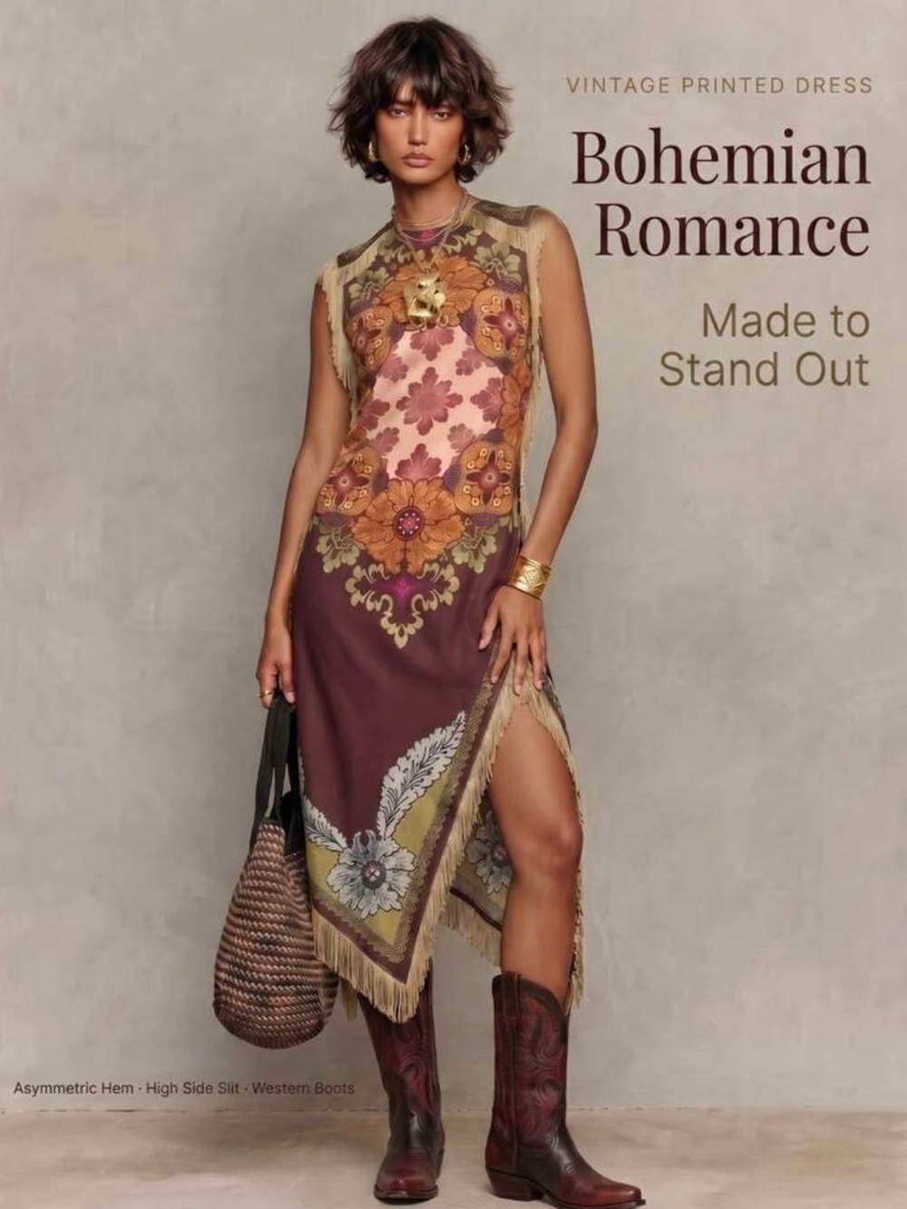 Women's Boho Satin Maxi Tunic Dress With Fringe & Embroidery, Round Neck Sleevel